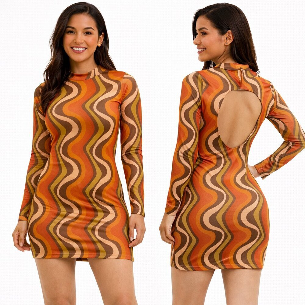 Princess Polly Retro Swirl Mesh Mini Dress 70s Bodycon Open Back Size 2
